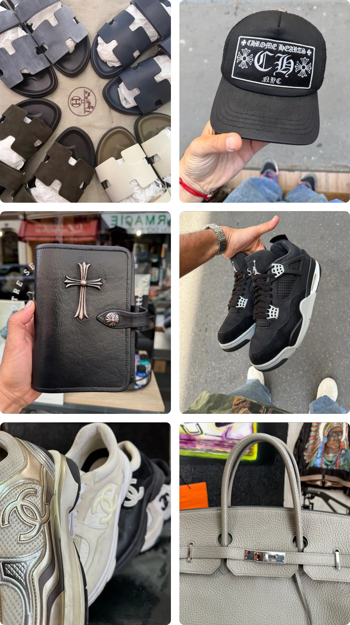Sélection de pièces confiées à l’atelier : sandales, casquette, sneakers et maroquinerie