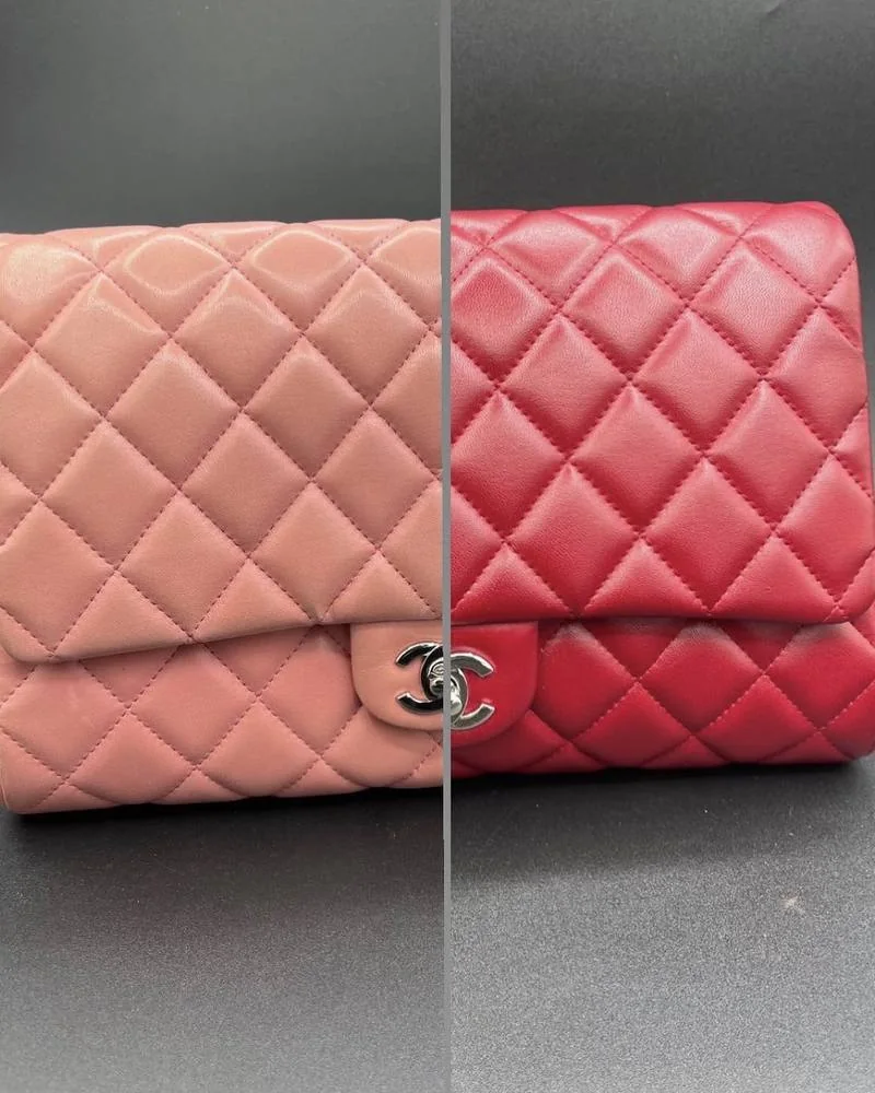 Pochette matelassée rose avant et après changement de couleur en rouge