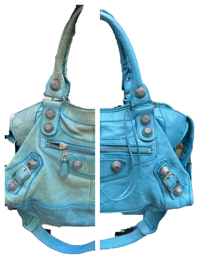 Sac en cuir bleu avant et après rénovation